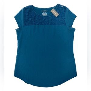 NWT Van Heusen blouse short sleeve lace teal blue size XS cotton polyester